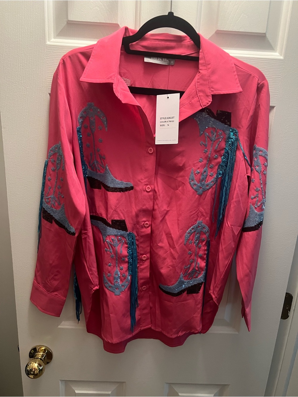 Embroidered Fringe/Sequin Western Shirt Jacket - Hot Pink + Blue